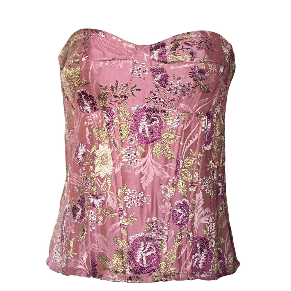 NWT - PrettyLittleThing Pink Floral Brocade Strapless Corset Top